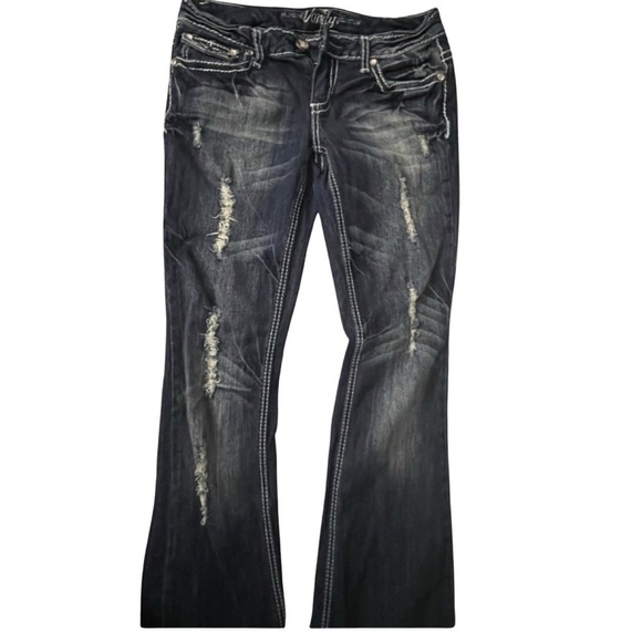 Vanity women’s distressed jeans. Size 28/33L jeweled buttons on back - Picture 2 of 5